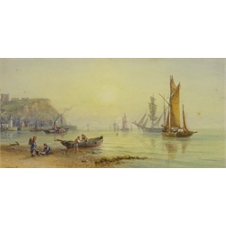  John Francis Branegan (British 1843-1909): 'Whitby' and Scarborough, pair watercolours one titled, both signed and dated 'V Allan' '91 (although not documented Allan must be be a pseudonym of Branegan), 19cm x 38.5cm (2)   