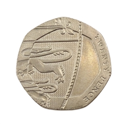 Queen Elizabeth II undated 20p coin, minting error coin which should bear the date 2008