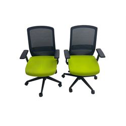 Elite - pair adjustable swivel office chairs, netting back over lime green upholstered seat, on castors