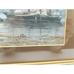 Alfred Saunders (British 1908-1986): 'Barges on the Mud', oil on board signed, titled signed and dated 1983 verso 17cm x 22cm