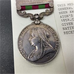 Victoria India Medal with Tirah 1897-98 and Punjab Frontier 1897-98 clasps awarded to 367H Pte. W. Simonds 1/Duke of Cornwall's Light Infantry; with ribbon