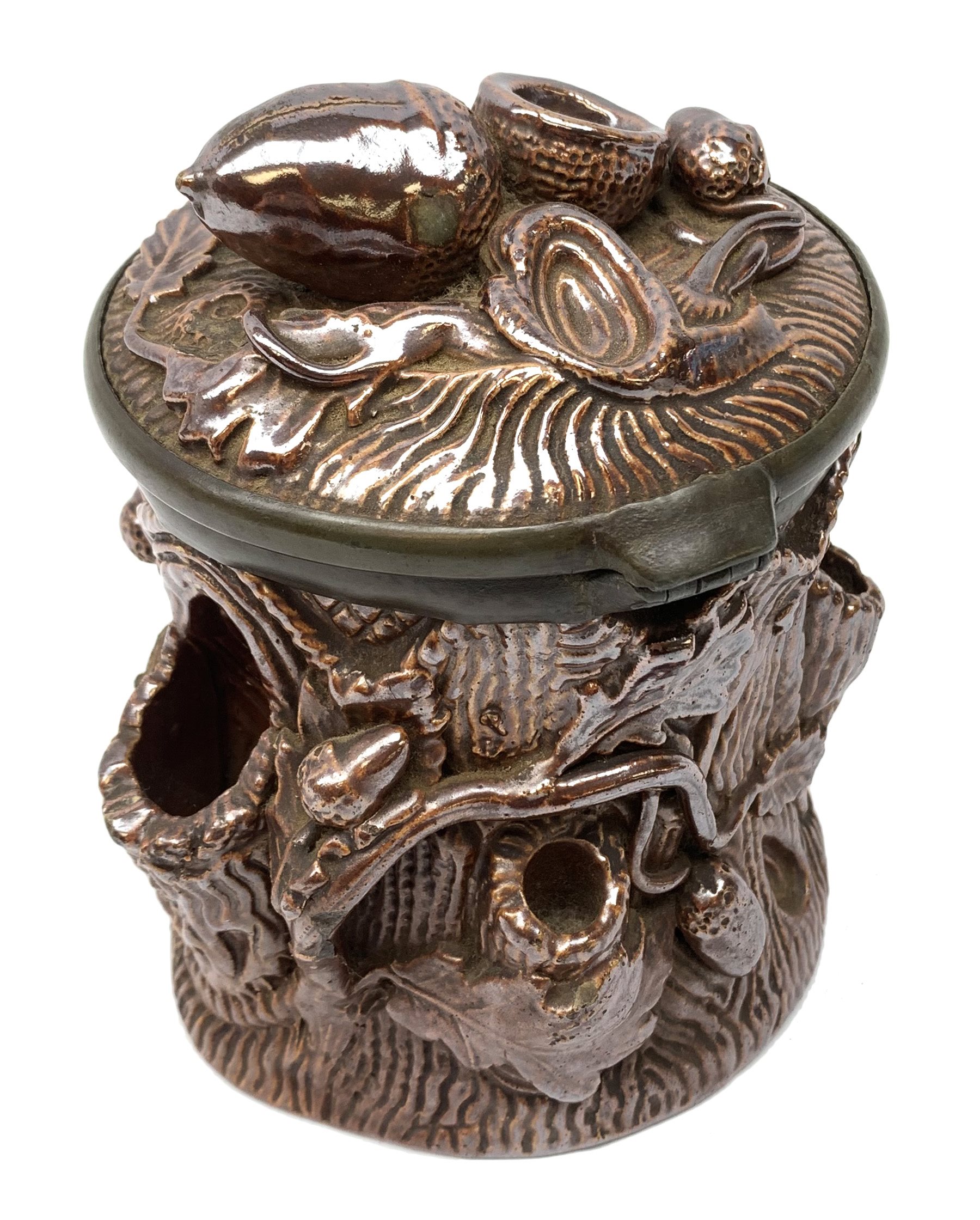 19th century salt glazed tobacco jar, of cylindrical form modelled as a