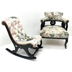 Early 20th century tub shaped armchair, painted black finish, cabriole legs, upho,steer beige ground fabric with floral fabric (W66cm) and a Victorian child’s rocking chair upholstered in a deep buttoned floral fabric (W38cm)