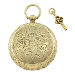 Victorian 12ct gold open face, keyless lever pocket watch, No. 21056, gilt dial with Roman numerals, case with engraved floral decoration by Thomas R Russell & Co, Chester 1852, with 18ct gold key