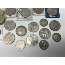 King George VI 1937 crown coin, various commemorative crowns, Queen Elizabeth II Canada 1957 and 1959 fifty cent coins, four Great British five pound coins, United States of America 1964 half dollar etc