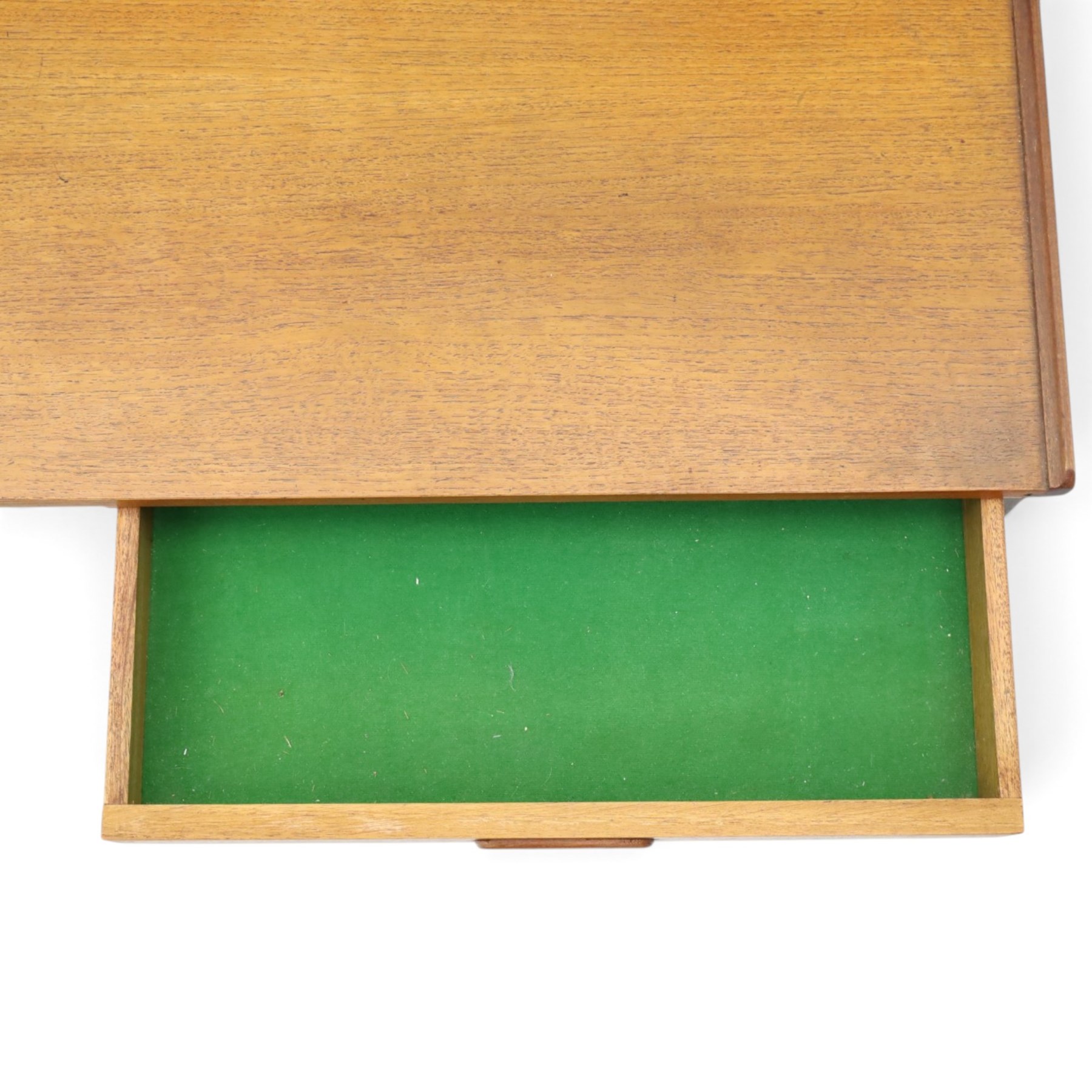 Danish mid-20th century teak small console table, fitted with two baize lined drawers, raised on square supports united by stretchers