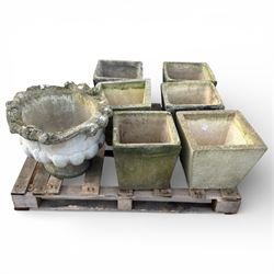 Collection of six square cast stone planters along with cast stone urn 