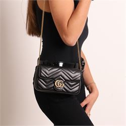 Gucci - GG Marmont mini chain shoulder bag, black matelassé chevron leather, flap front wi...