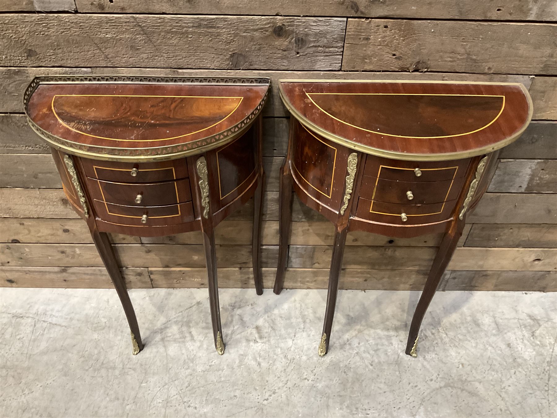 Pair French Louis XVI design demi lune side table, three drawers, on shaped cabriole legs