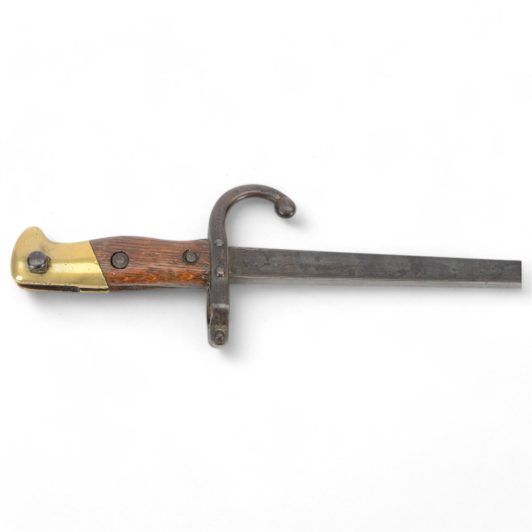 French Chassepot bayonet with 57cm curving fullered steel blade in steel scabbard, together with XIX Century French Model 1874 Gras Bayonet, manufacturer mark 'Mre d'Armes de St Etienne 1878'