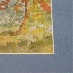 U Ba Thet (Burmese 1903-1972): Kaunghmudaw Pagoda and Burmese Buddhist monastery scene, pair of watercolours signed, 13.2cm x 19cm (2)