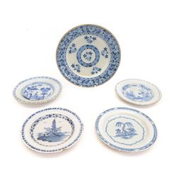 Five 18th century blue and white English and Dutch Delft plates, to include an example probably by the Abigail Griffith Delftworks in Lambeth, London, circa 1765-1775, depicting a landscape scene with house and tree, contained within geometric borders, D23cm, largest example D30cm 