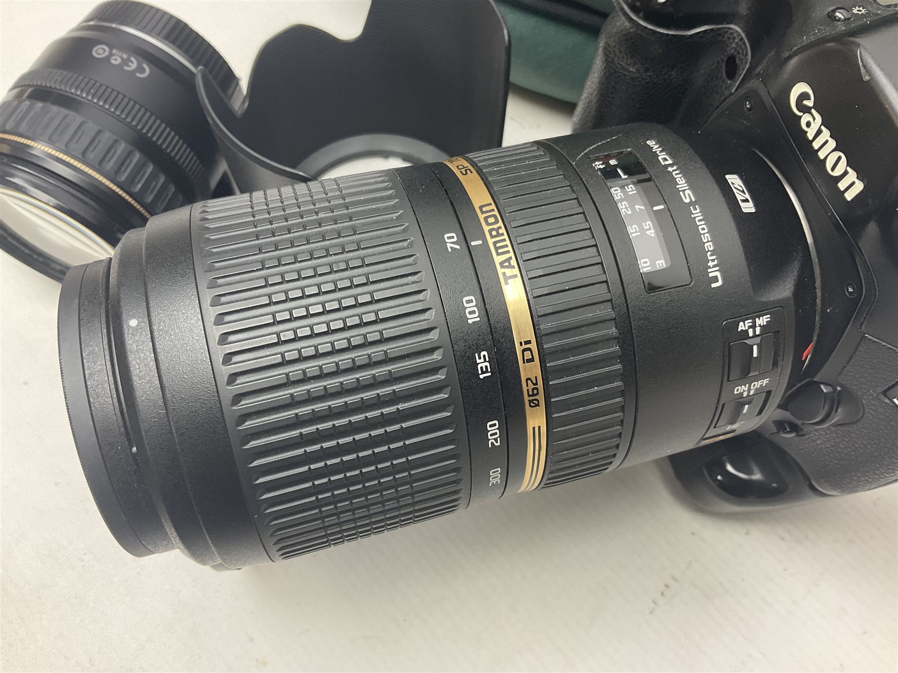 Canon EOS 5D camera body, with 'Tamron SP 70-300mm F/4-5.6 lens, and accessories, together with soft case