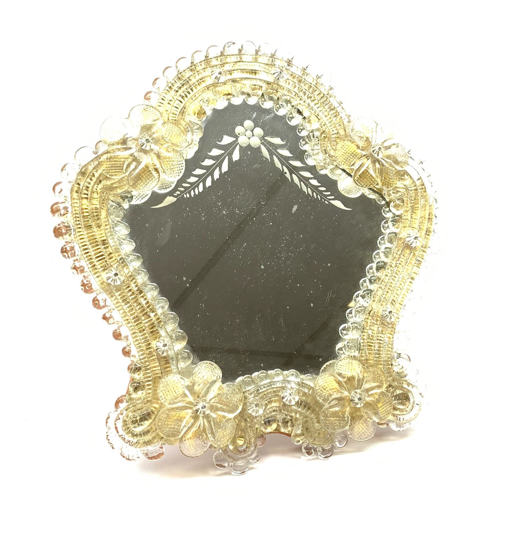 A Venetian glass dressing table mirror, with easel style support verso, H24cm.  