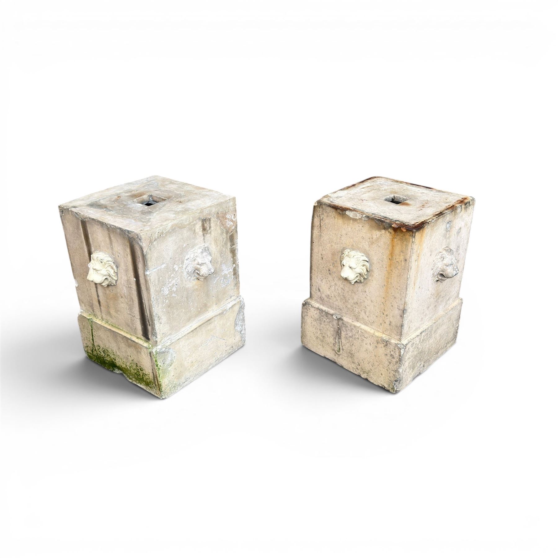 J M Blashfield - pair of 19th century buff terracotta garden urn plinths, square form with stepped base, decorated with relief lion masks