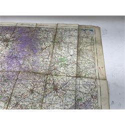 Three WW2 edition RAF quarter inch to one mile linen backed Ordnance Survey maps of England titled Midlands (N), Eastern Counties (S) and one with text removed showing NE England largest 62 x 81cm; and German O.S. map of East Yorkshire dated 1941 with manuscript Junkers 88 A-5 crew members details verso.