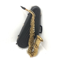 Elkhart 'The Buescher' True-Tone Low Pitch alto saxophone, serial no.147605, in Hiscox Liteflite carrying case with crook