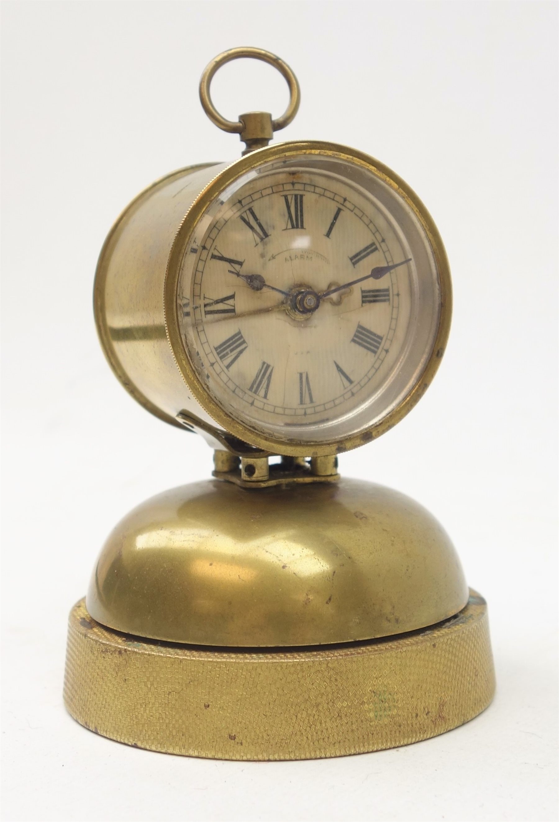 Small late 19th century brass drum alarm clock, circular Roman dial on