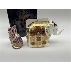 Two Royal Crown Derby paperweights, comprising Elephant decorated in the Imari 1128 pattern, with silver stopper, and a seated Kitten, with gold stopper, plus Crown Derby box. 