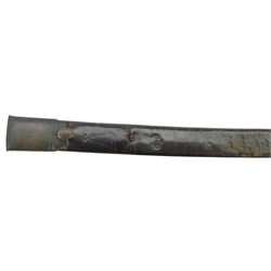 Georgian short sword, with 64cm curved single edge blade, iron guard with side loop and fluted ebony grip, with leather scabbard, L76cm