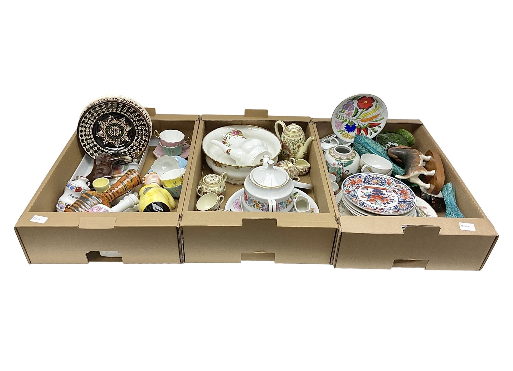 Quantity of ceramics, to include Royal Albert Old Country Roses coffee pot and large bowl, Villeroy & Boch, Wedgwood Majolica, Kalocsa of Hungary, Beswick Basset Hound, Herend of Hungary, mid century vase of tapering form with orange and black striped decoration, etc in three boxes