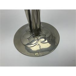 Archibald Knox (1864-1933) for Liberty & Co, pair of Tudric pewter candlesticks, the bud shaped sockets raised upon three angular fin supports and a slightly domed circular base with cast stylised foliate decoration, each stamped beneath Tudric 0223, H30cm