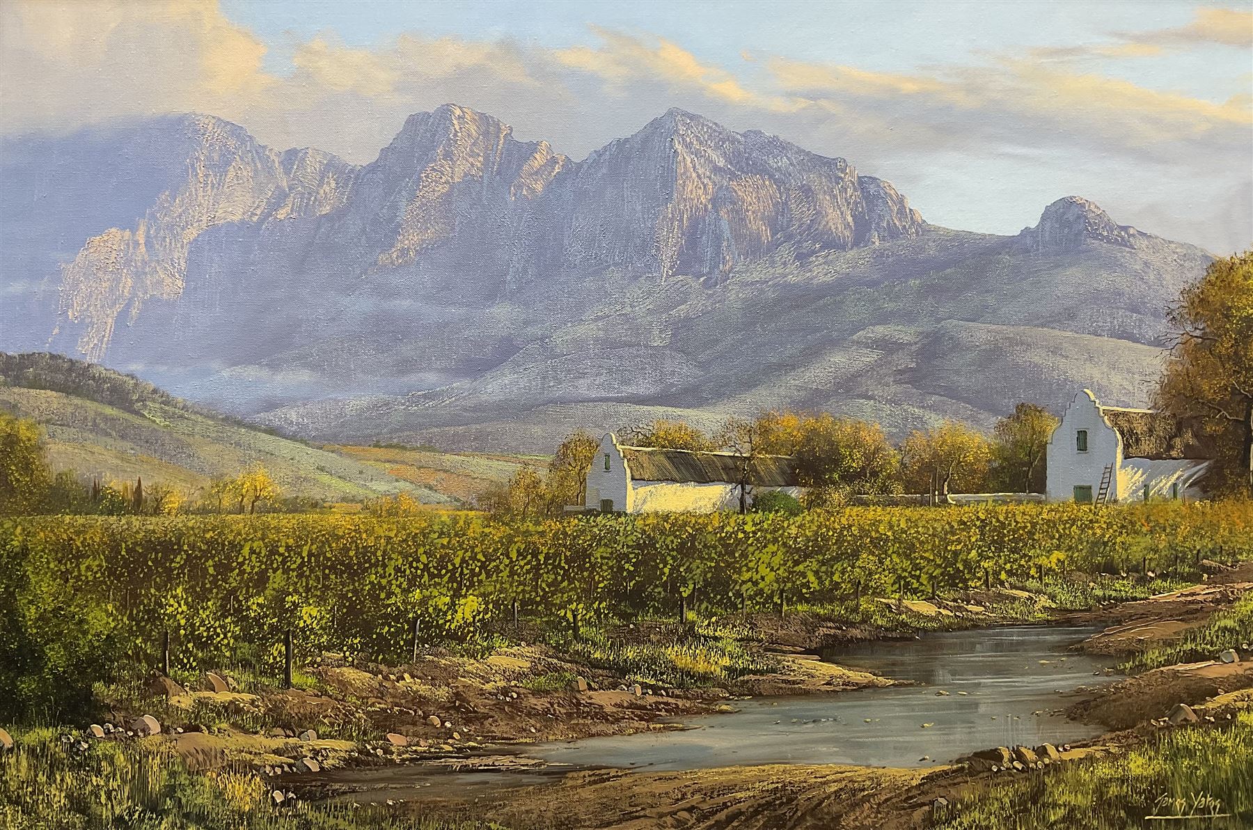 James Yates (South African 20th Century): Landscape with Mountains, oil on canvas signed 60cm x 90cm