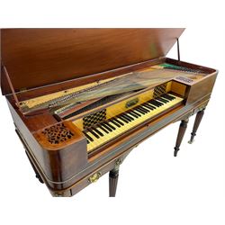 James Rigg, London -early 19th century mahogany and maple square piano c1817, with a 68 key compass (A-C) original hammers, jacks and felt, satinwood interior with ebony and ivory keys, the fretwork interior back inscribed 'James Rigg, 3 Providence Row, Finsbury Square, London', decorated with twist gilt metal edging, fitted with three drawers, on Gillows design turned and reeded supports with brass cups and castors.

This item has been registered for sale under Section 10 of the APHA Ivory Act