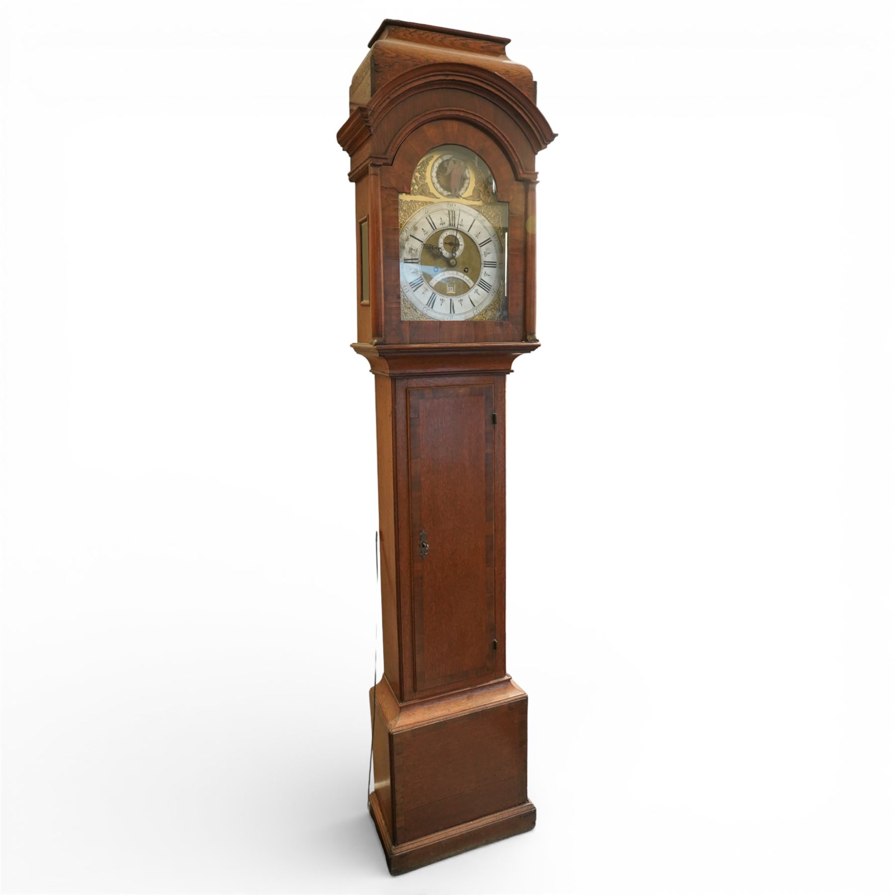 18th century longcase clock, the brass dial with ormolu spandrels, Father Time automaton and inscribed 'Joseph Heeley from London' with seconds ring and eight day movement in oak caddy top case, the trunk door with mahogany crossbanding H248cm