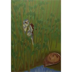 Yves Billet (Belgian 1934-1991): Surrealist Bird among Bamboo, gouache signed 75cm x 53cm