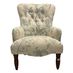 Victorian style bedroom chair, upholstered in light fabric decorated with birds and foliate, turned front feet