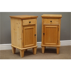  Pair pine bedside cabinets with single drawers and cupboards, W39cm, H74cm, D37cm  