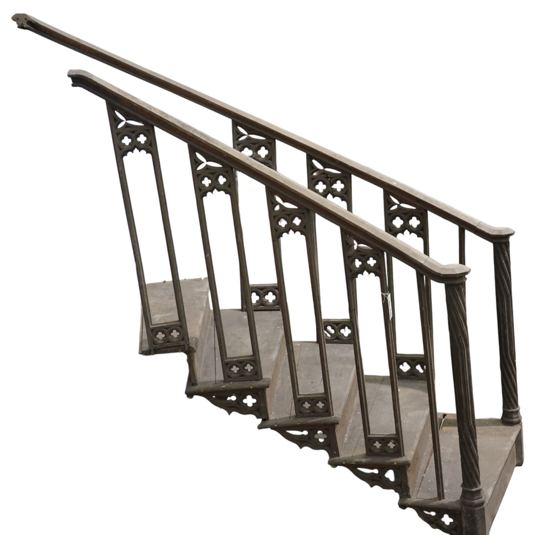 Architectural Salvage - 19th century oak five tread pulpit staircase of curved design with spiral carved pillars and pierced side panels with various additional matching pieces
Note: Removed in the 19th century from the church in the grounds of a private Yorkshire estate 
Provenance: property of a Nobleman