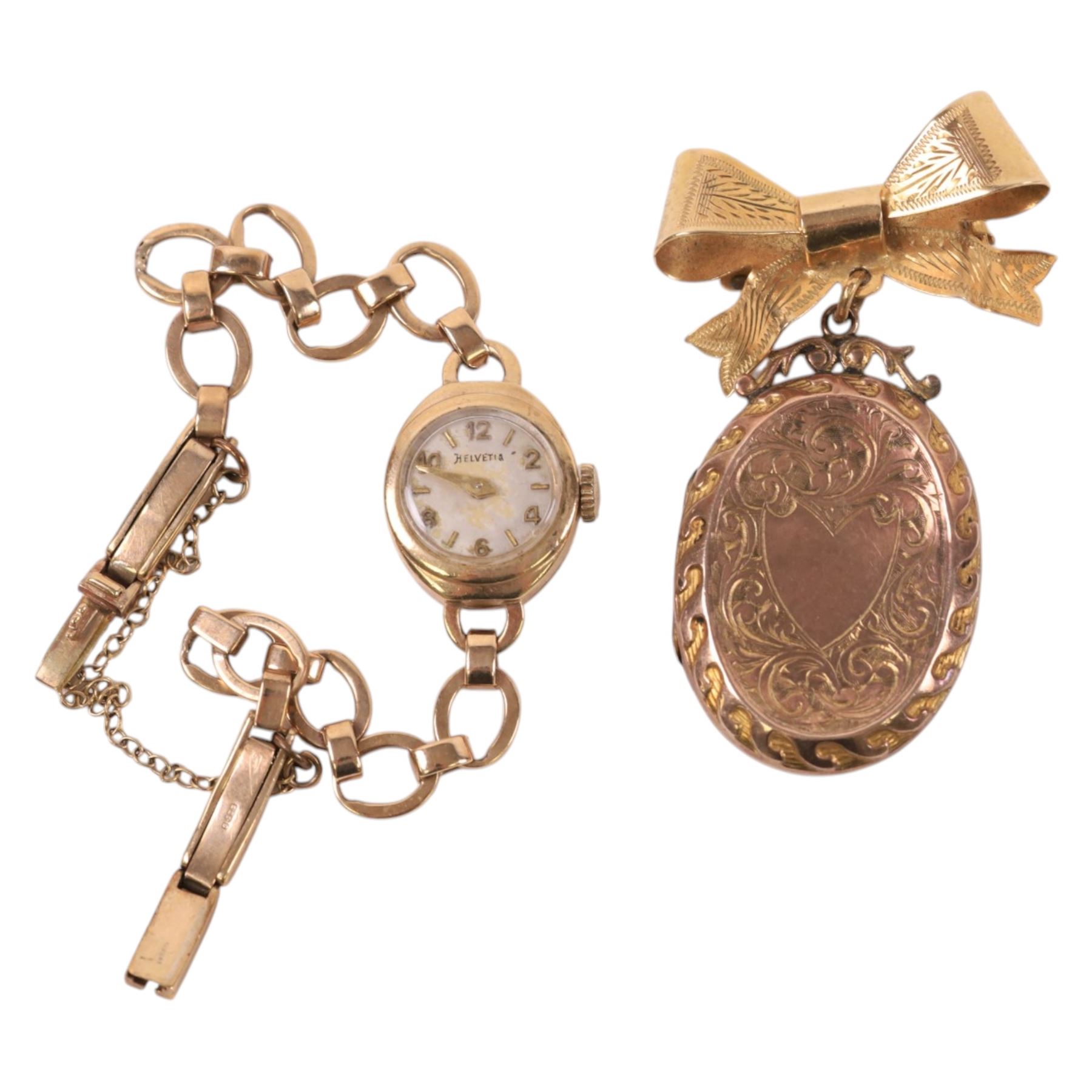 9ct gold cased ladies Helvetia wristwatch on 9ct gold bracelet, together with a 9ct gold bow brooch, hallmarked with a gold plated locket pendant