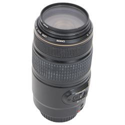 Two Canon Ultrasonic lenses, comprising EF 75-300mm 1:4-5.6 IS zoom lens serial no. 03201196 and EF 20mm 1:2.8 lens serial no. 5100131C, with a Canon EW-75II lens hood