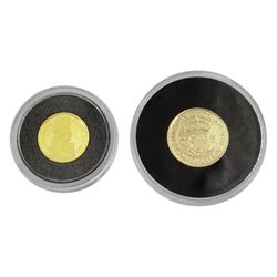 Two miniature gold coins comprising Queen Elizabeth II Alderney 2005 one pound fine gold approximately 1.22 grams and 'Henry VIII Crown of the Double Rose' commemorative medallion 9ct gold 1 gram (2)