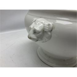 Thun WW2 German Luftwaffe officer's mess plain white glazed soup tureen with lion mask handles, marked with the Luftwaffe eagle beneath and dated 1939 L31cm; together with Waffen 'SS' white glazed twin handled soup bowl, marked beneath Bauscher Weiden 1942 (2)