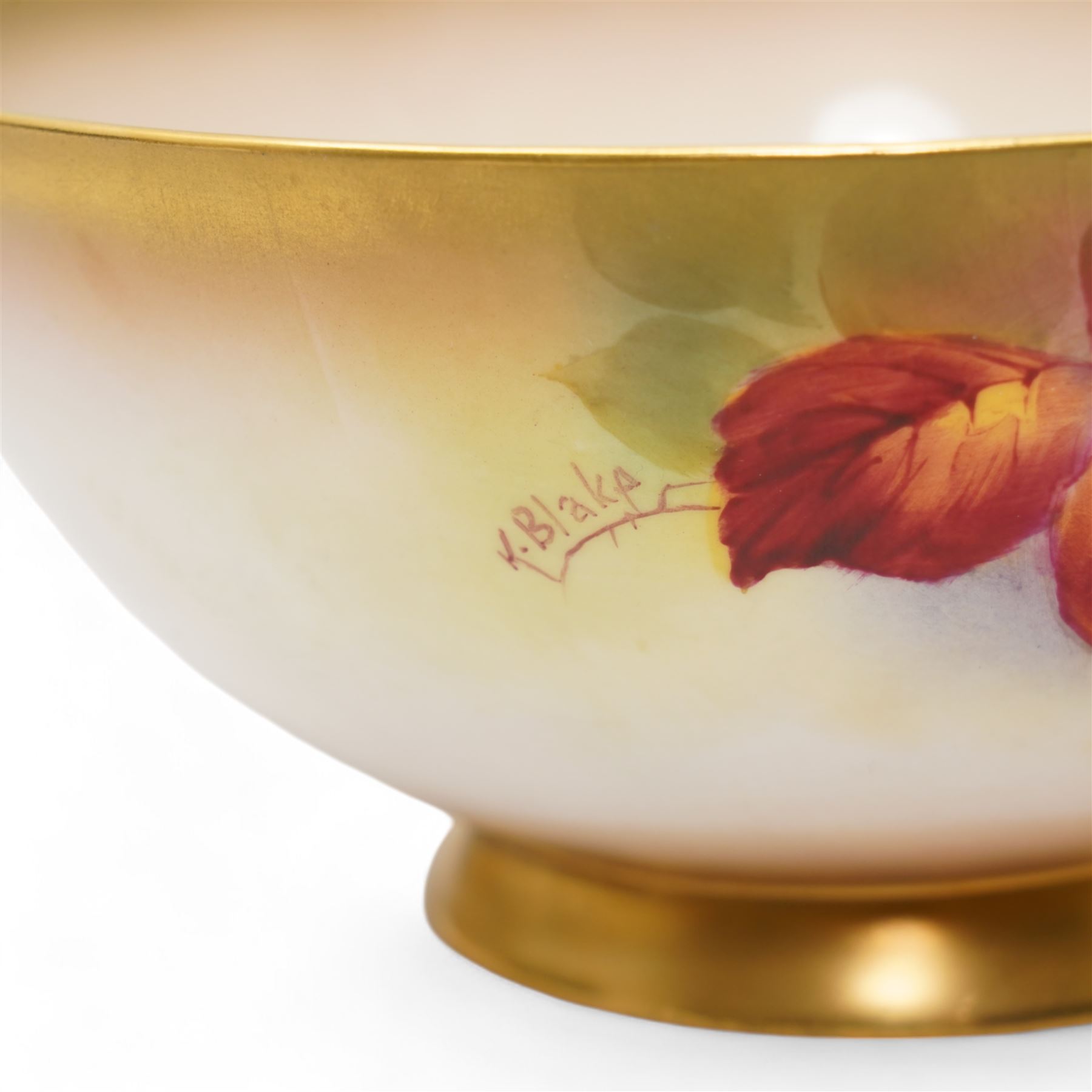 Royal Worcester porcelain vase c1931, hand painted with autumnal fruit and berries by Kitty Blake, signed, shape no. G161, H7cm, together with a similarly decorated hand painted bowl, also by Blake, c1936, D18cm (2)