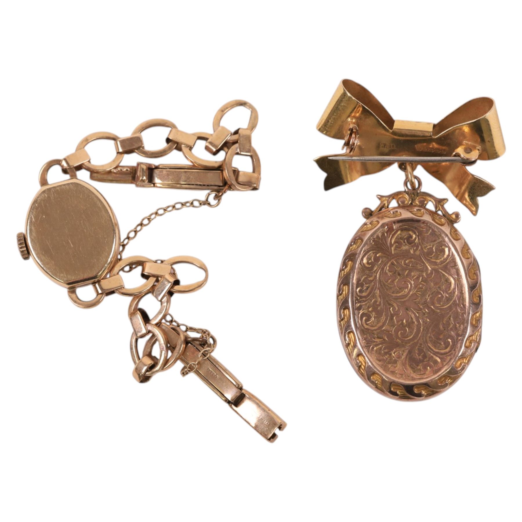 9ct gold cased ladies Helvetia wristwatch on 9ct gold bracelet, together with a 9ct gold bow brooch, hallmarked with a gold plated locket pendant