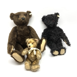 Three limited edition Steiff Teddy Bears, two with growlers, each with jointed limbs, glass eyes, and white tag and button to ear, 1945/3000, 1407/3000, and 3207/4000.  