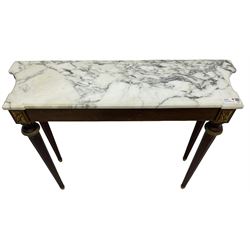 Louis XVI design console table, shaped marble top over plain frieze with gilt metal foliate mounts, raised on fluted tapering supports
