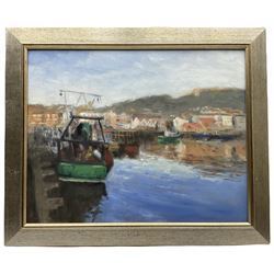 Neil Tyler (British 1945-): 'East Coast Trawler' in Scarborough Harbour, oil on board signed, titled on label verso 40cm x 50cm