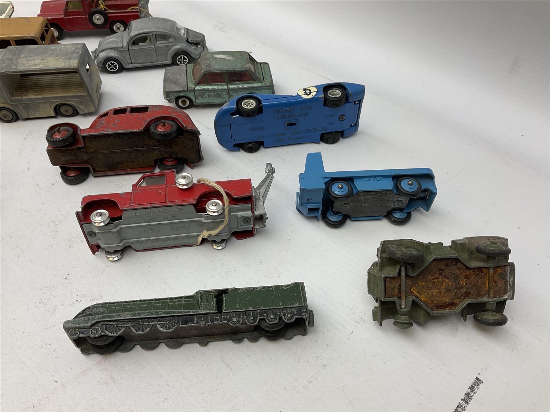 Dinky/Corgi - twenty-nine unboxed and playworn die-cast models including Mobilgas Tanker, two BEV Trucks, Aveling-Barford steam roller, Coventry Climax fork-lift, Hudson Hornet, Vanguard, Post Office Telephones Van, Royal Mail Van etc