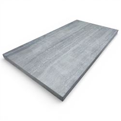 Modern composite marble effect dining table, rectangular top with simulated veining supported on a block pedestal base, accompanied by six matching dining chairs with padded seats and backs in grey upholstery on slim metal legs