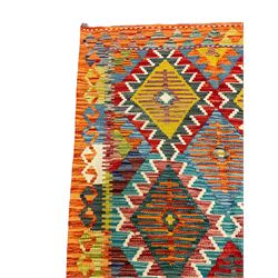 Chobi Kilim rug, multi-coloured ground in oranges, blues and greens, overall geometric design 