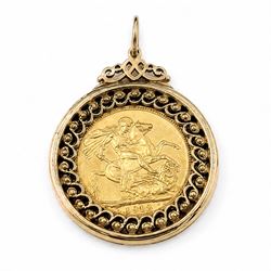 King George V 1912 gold full sovereign coin, loose mounted in a 9ct gold pierced design locket pendant, hallmarked