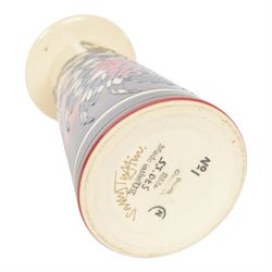 Dennis Chinaworks, Cockerels vase, by Sally Tuffin, signed, flared cylindrical form decorated with cockerels on a white and black ground, signed with printed marks beneath, H17cm