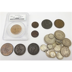  George V 1931 penny, graded by CGS UK, Queen Victoria 1862 penny, other Great British pennies and farthings and over 60 grams of pre 1920 silver coinage  