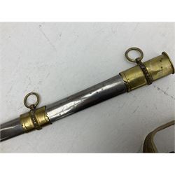 Reproduction American Civil War Cavalry trooper's sword, the 88cm slightly curving fullered steel blade marked to the ricasso 'Ames & Co Chicopee Mass.' and 'US ADK 1862'; brass hilt and leather covered grip; in steel scabbard L110cm overall;  and another reproduction sword (2)