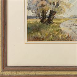 Pat Newton (British 20th century): 'Winter in West Norfolk' and 'The Farm in Winter', pair of acrylics signed, titled on label verso, in matching frames 19cm x 24cm; George 'Griff' Griffiths (British 1939-2017): 'Arthington Bank', watercolour signed, titled and dated 1977 on label verso 24cm x 16cm (3)